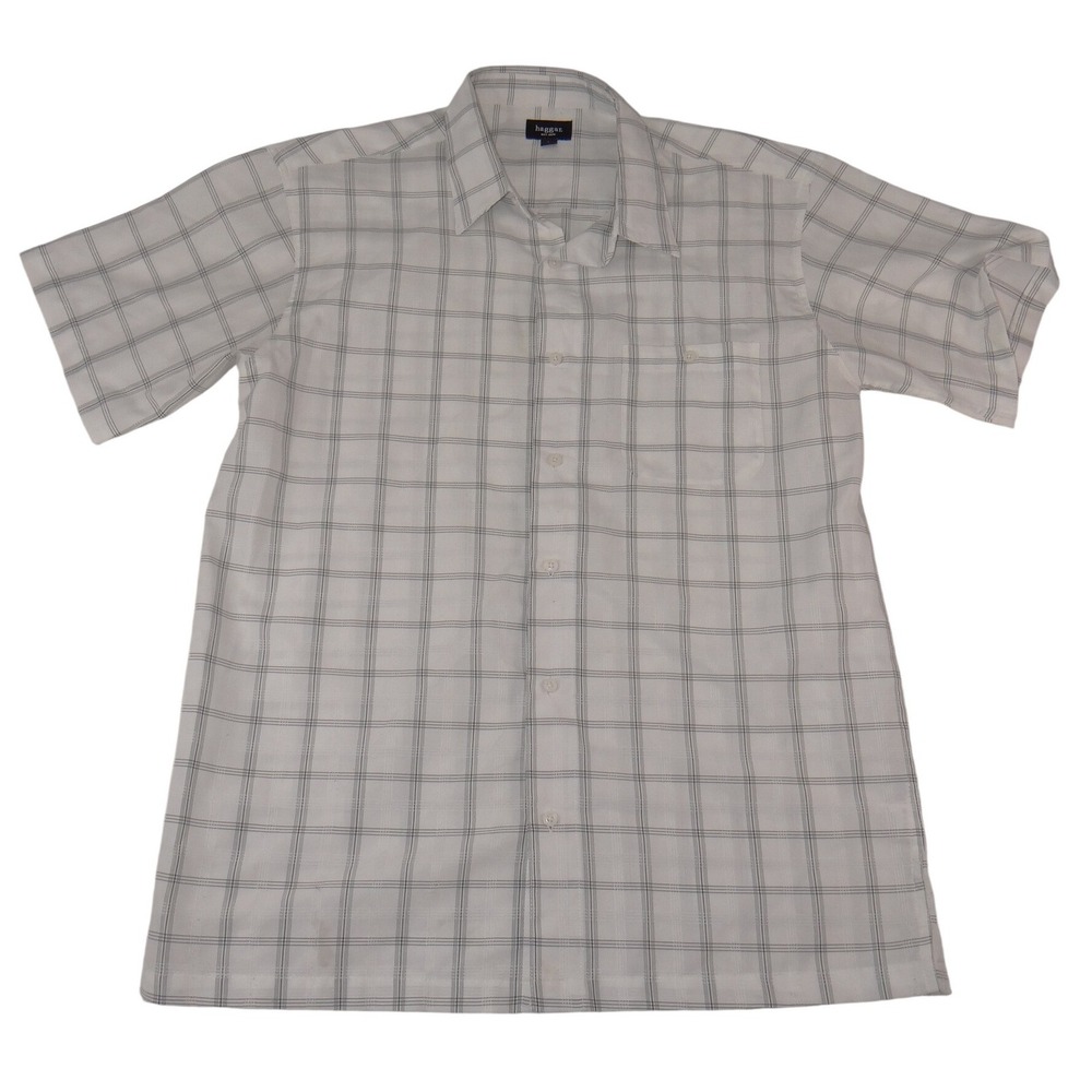Haggar Mens Short Sleeve Button Down Shirt White Grey Plaid Large 3576
